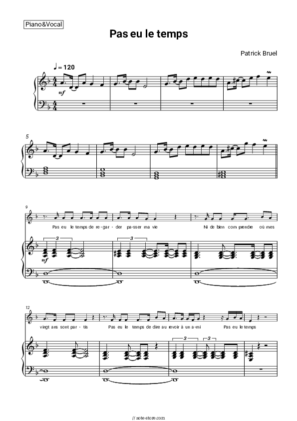 Pas eu le temps - Patrick Bruel Piano Sheet Music with the Voice part - Piano&Vocal