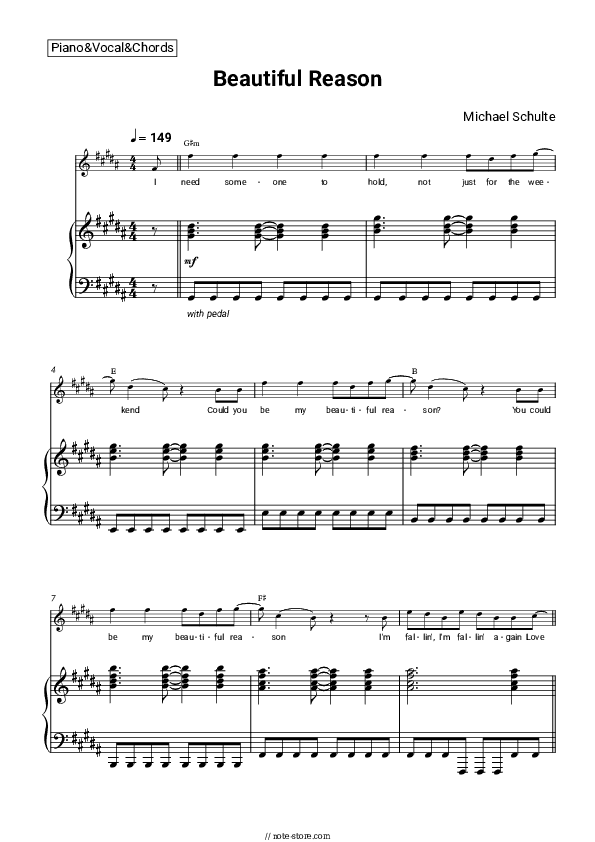 Beautiful Reason - Michael Schulte Piano Sheet Music with the Vocal and Chords - Piano&Vocal&Chords