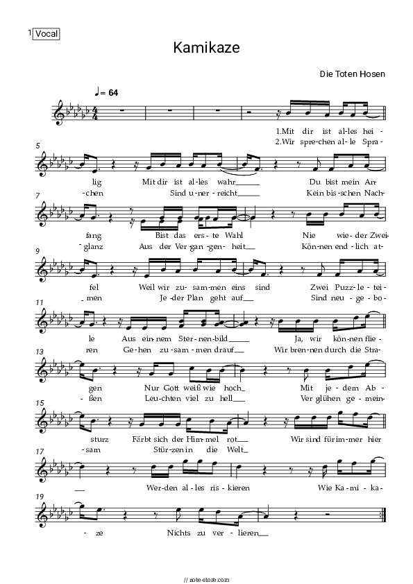 Kamikaze - Die Toten Hosen Vocal Sheet Music - Vocal