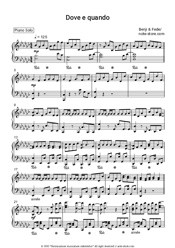 Dove e quando - Benji & Fede Piano Sheet Music - Piano.Solo