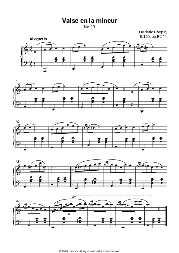 Waltz No. 19 in A minor, B. 150 - Frederic Chopin Piano Sheet Music - Piano.Solo