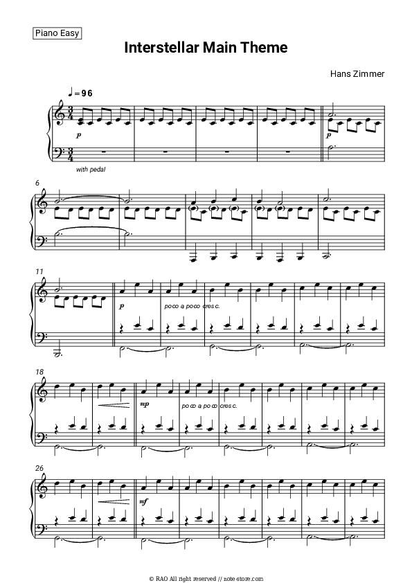 Interstellar Main Theme - Hans Zimmer Piano Sheet Music Easy - Piano.Easy