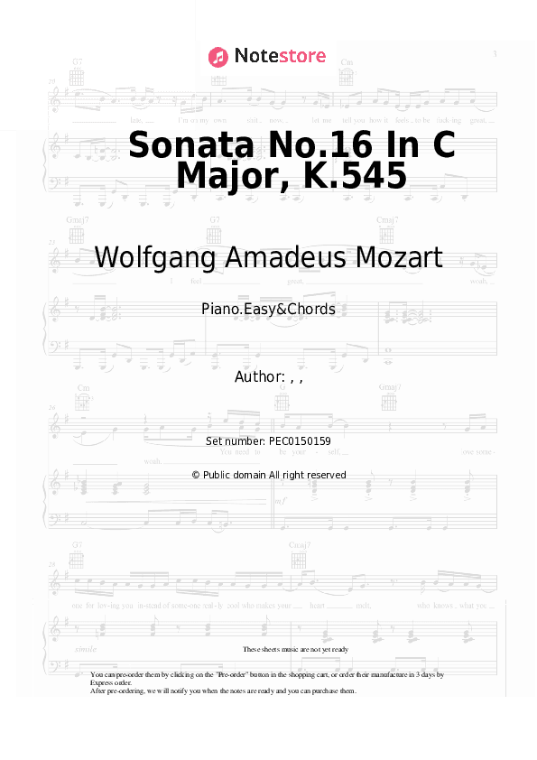 Sonata No.16 In C Major, K.545 - Wolfgang Amadeus Mozart Sheet Music Easy and Chords - Piano.Easy&Chords