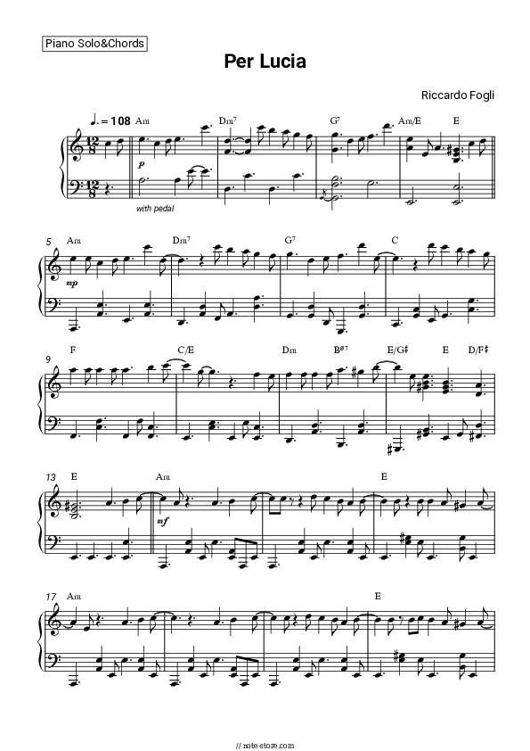Per Lucia - Riccardo Fogli Piano Sheet Music and Chords - Piano.Solo&Chords
