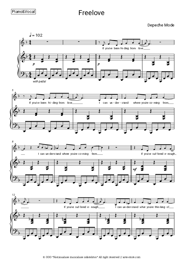 Freelove - Depeche Mode Piano Sheet Music with the Voice part - Piano&Vocal