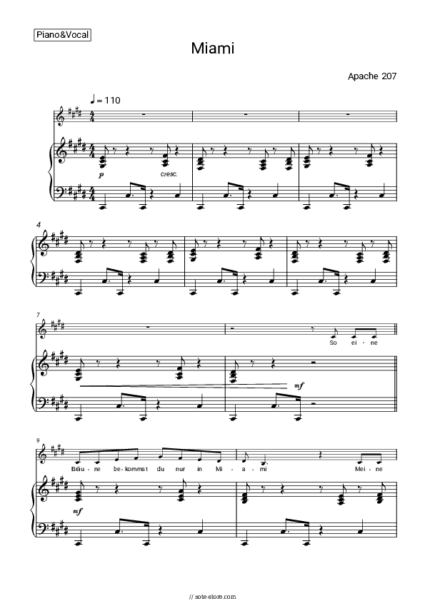 Miami - Apache 207 Piano Sheet Music with the Voice part - Piano&Vocal