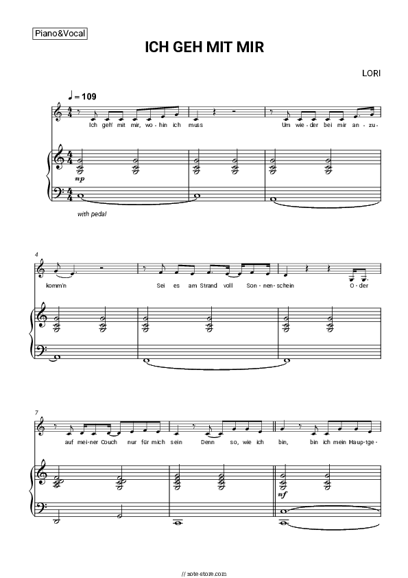 ICH GEH MIT MIR - LORI Piano Sheet Music with the Voice part - Piano&Vocal