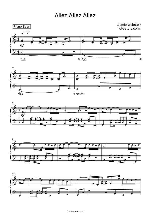 Allez Allez Allez - Jamie Webster Piano Sheet Music Easy - Piano.Easy
