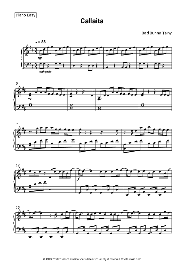 Callaita - Bad Bunny, Tainy Piano Sheet Music Easy - Piano.Easy