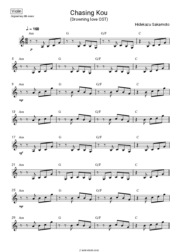 Chasing Kou (Drowning love OST) - Hidekazu Sakamoto Violin Sheet Music - Violin