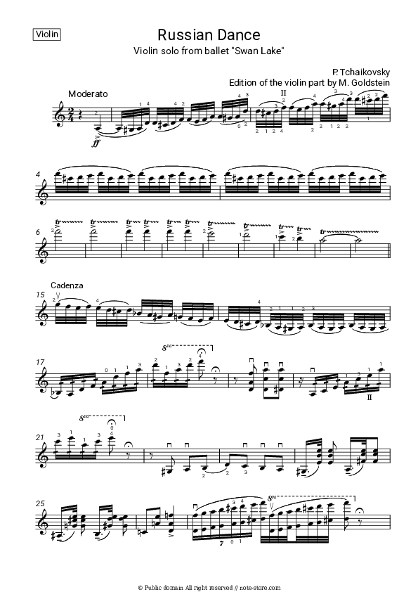 Russian dance from Swan lake - P. Tchaikovsky Violin Sheet Music - Violin