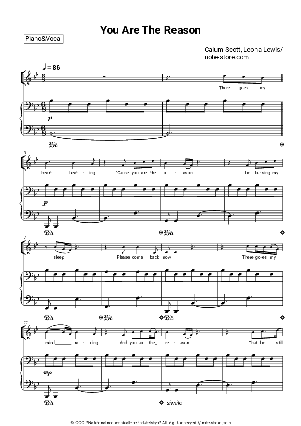 You Are the Reason - Calum Scott, Leona Lewis Piano Sheet Music with the Voice part - Piano&Vocal