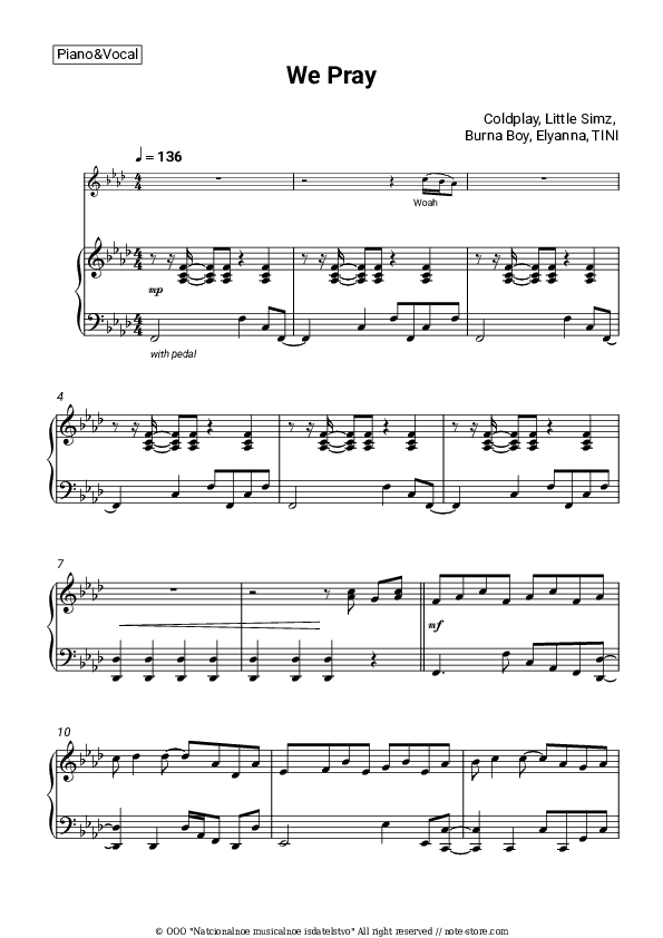 We Pray - Coldplay, Little Simz, Burna Boy, Elyanna, TINI Piano Sheet Music with the Voice part - Piano&Vocal