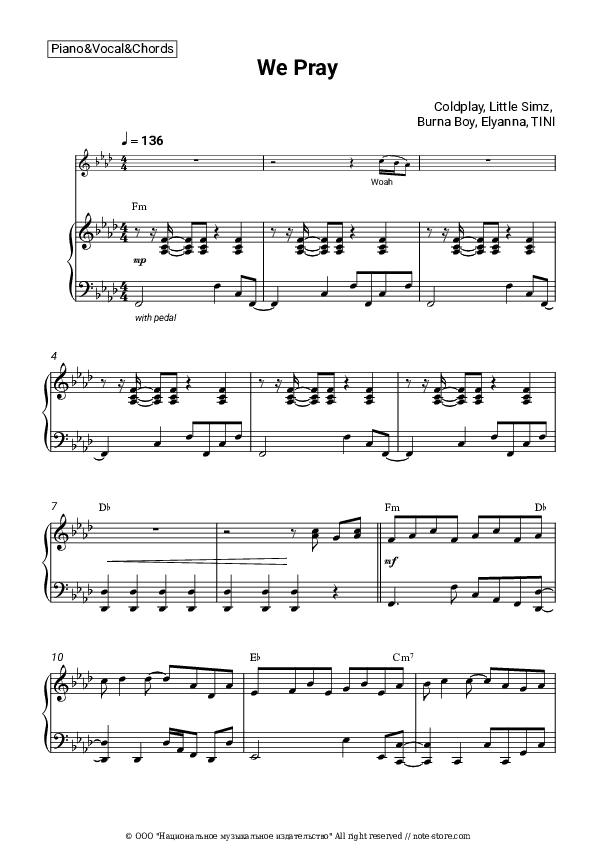 We Pray - Coldplay, Little Simz, Burna Boy, Elyanna, TINI Piano Sheet Music with the Vocal and Chords - Piano&Vocal&Chords