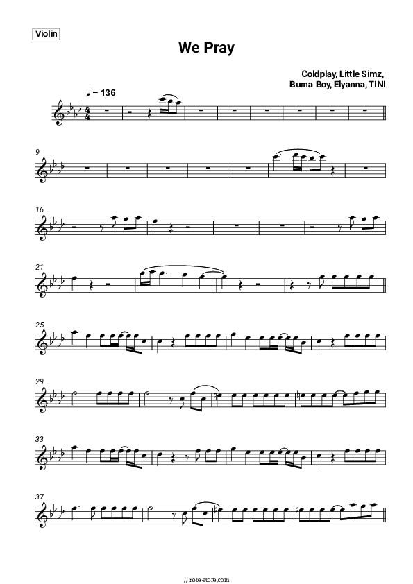 We Pray - Coldplay, Little Simz, Burna Boy, Elyanna, TINI Violin Sheet Music - Violin