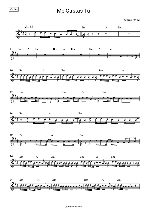 Me Gustas Tú - Manu Chao Violin Sheet Music - Violin