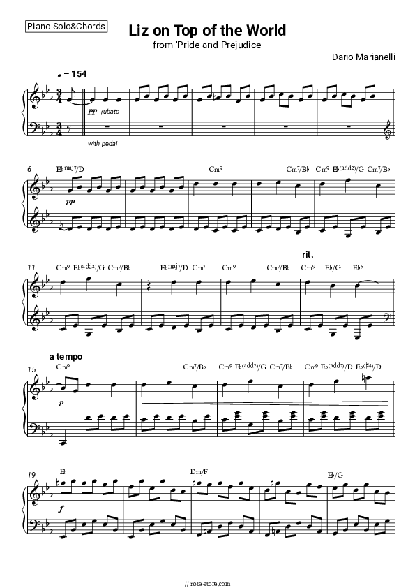 Liz on Top of the World (from 'Pride and Prejudice') - Dario Marianelli Piano Sheet Music and Chords - Piano.Solo&Chords