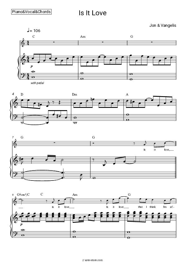 Is it love - Jon & Vangelis Piano Sheet Music with the Vocal and Chords - Piano&Vocal&Chords