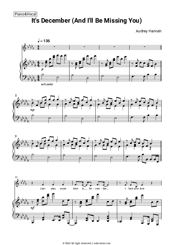 It's December (And I'll Be Missing You) - Audrey Hannah Piano Sheet Music with the Voice part - Piano&Vocal