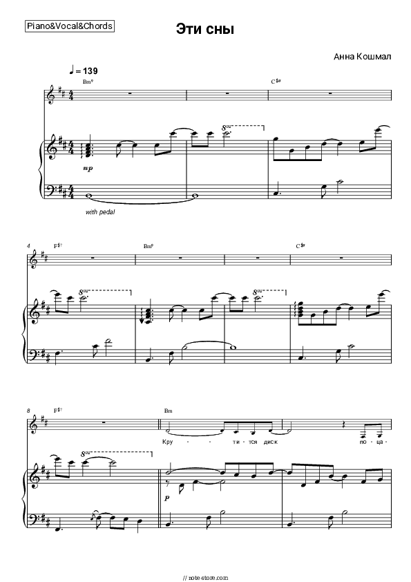 Эти сны (OST 'Сваты 6') - Anna Koshmal Piano Sheet Music with the Vocal and Chords - Piano&Vocal&Chords