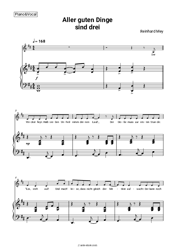 Aller guten Dinge sind drei - Reinhard Mey Piano Sheet Music with the Voice part - Piano&Vocal