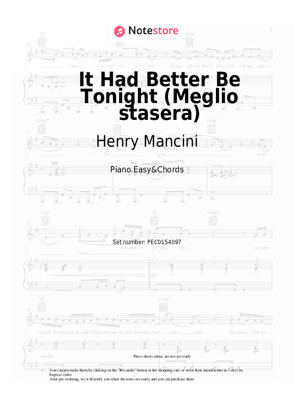 It Had Better Be Tonight (Meglio stasera) - Henry Mancini Sheet Music Easy and Chords - Piano.Easy&Chords