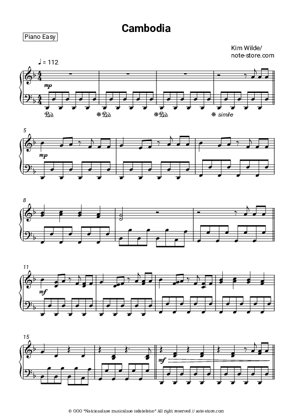 Cambodia - Kim Wilde Piano Sheet Music Easy - Piano.Easy