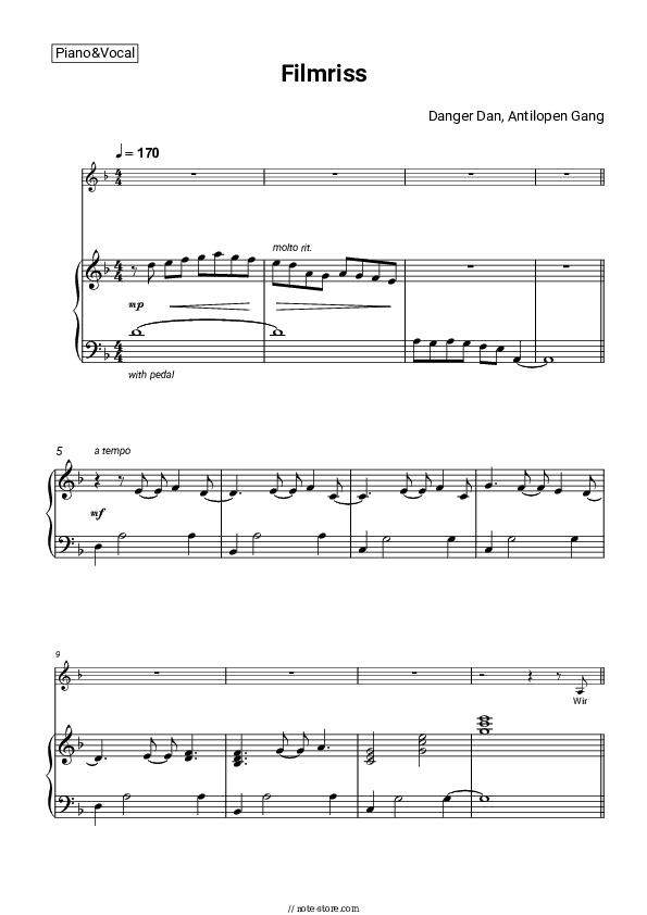 Filmriss - Danger Dan, Antilopen Gang Piano Sheet Music with the Voice part - Piano&Vocal