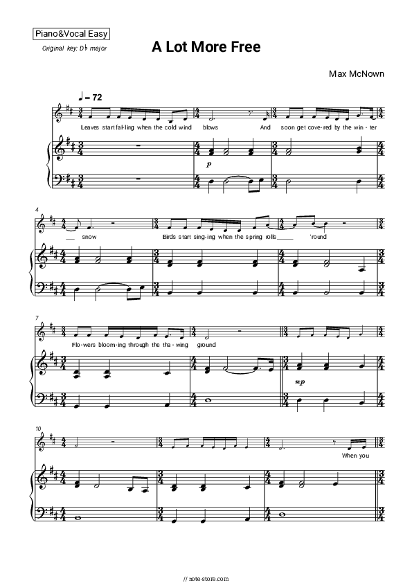 A Lot More Free - Max McNown Piano Sheet Music Easy and Vocal - Piano&Vocal.Easy