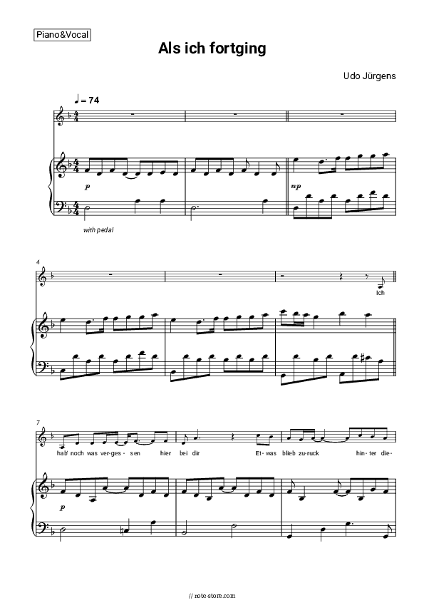 Als ich fortging - Udo Jürgens Piano Sheet Music with the Voice part - Piano&Vocal