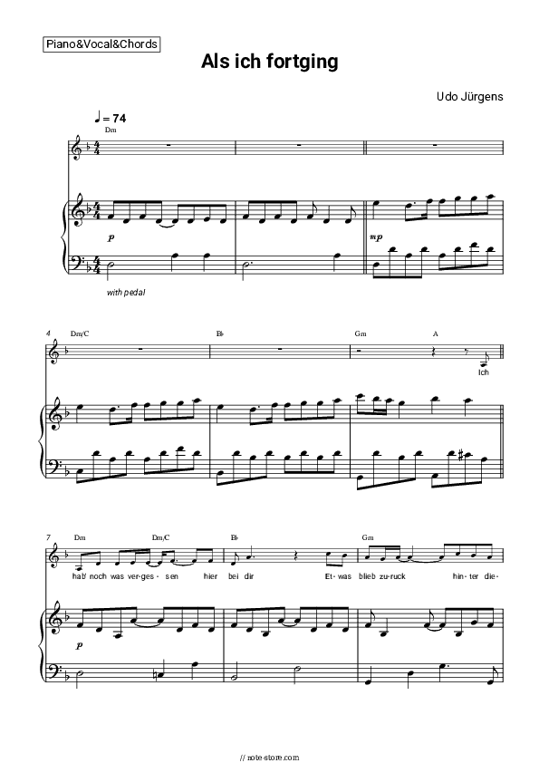 Als ich fortging - Udo Jürgens Piano Sheet Music with the Vocal and Chords - Piano&Vocal&Chords