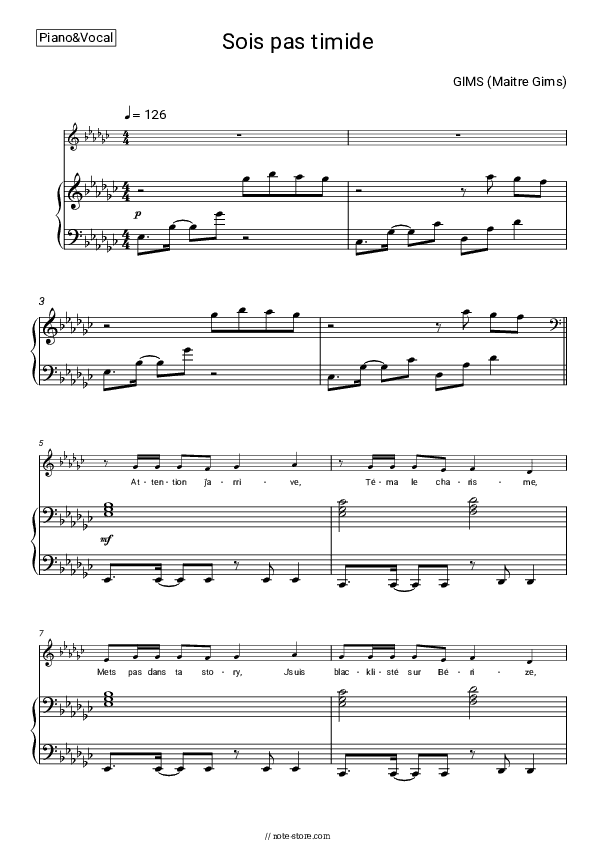 SOIS PAS TIMIDE - GIMS (Maître Gims) Piano Sheet Music with the Voice part - Piano&Vocal