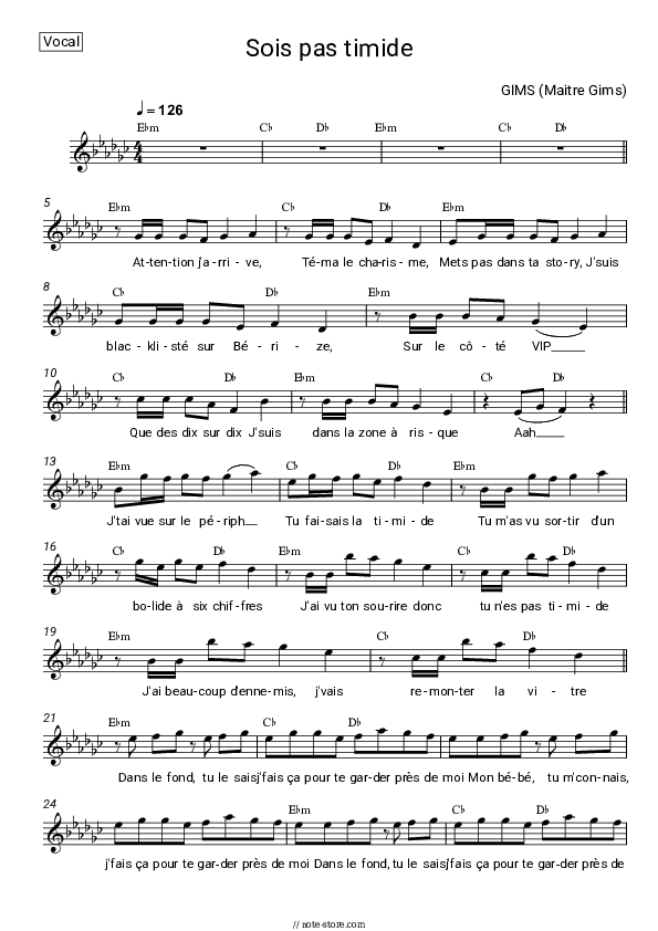 SOIS PAS TIMIDE - GIMS (Maître Gims) Vocal Sheet Music - Vocal