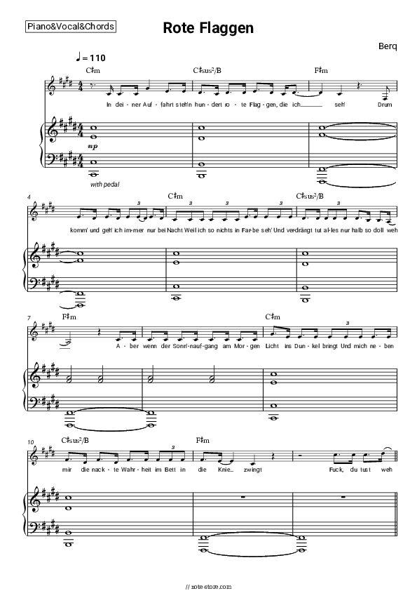 Rote Flaggen - Berq Piano Sheet Music with the Vocal and Chords - Piano&Vocal&Chords