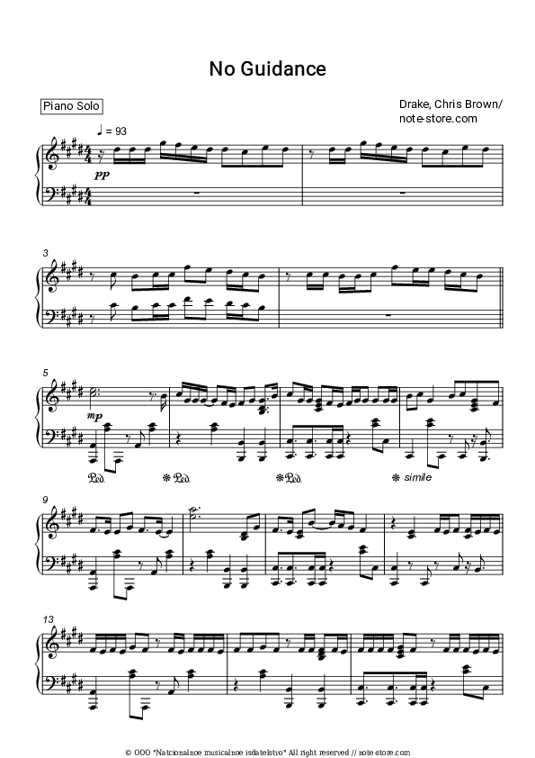 No Guidance - Chris Brown, Drake Piano Sheet Music - Piano.Solo