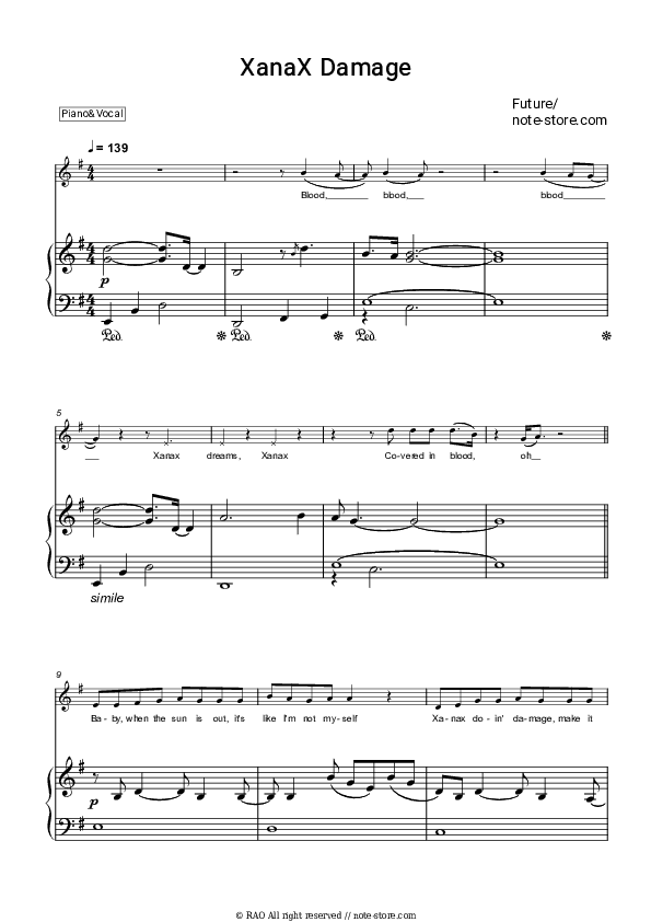 XanaX Damage - Future Piano Sheet Music with the Voice part - Piano&Vocal