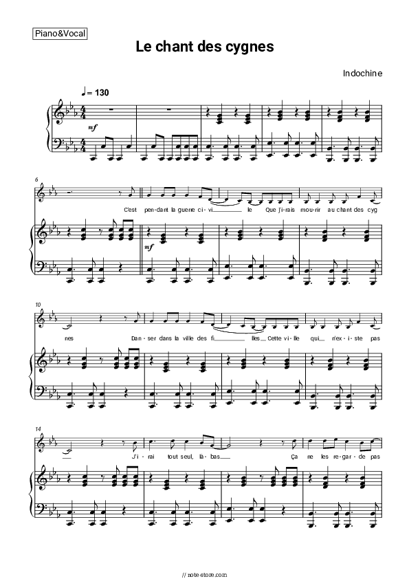 Le chant des cygnes - Indochine Piano Sheet Music with the Voice part - Piano&Vocal