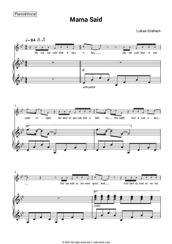 Mama Said - Lukas Graham Piano Sheet Music with the Voice part - Piano&Vocal