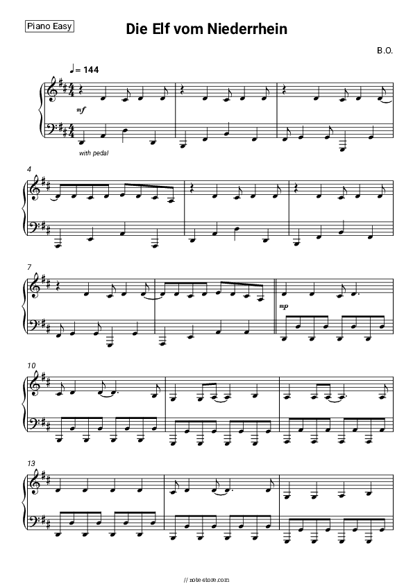 Die Elf vom Niederrhein - B.O. Piano Sheet Music Easy - Piano.Easy