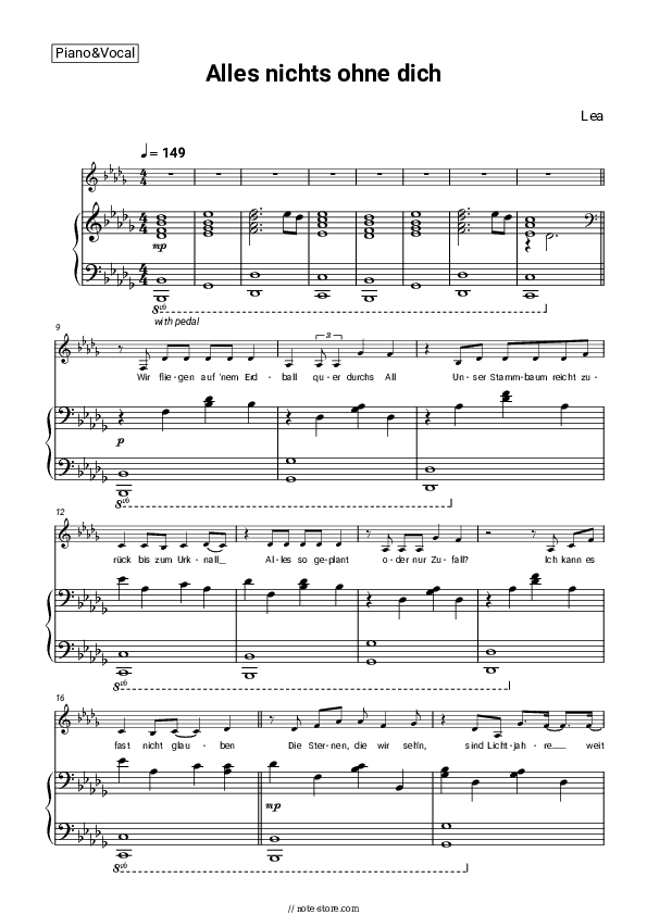 Alles nichts ohne dich - LEA Piano Sheet Music with the Voice part - Piano&Vocal