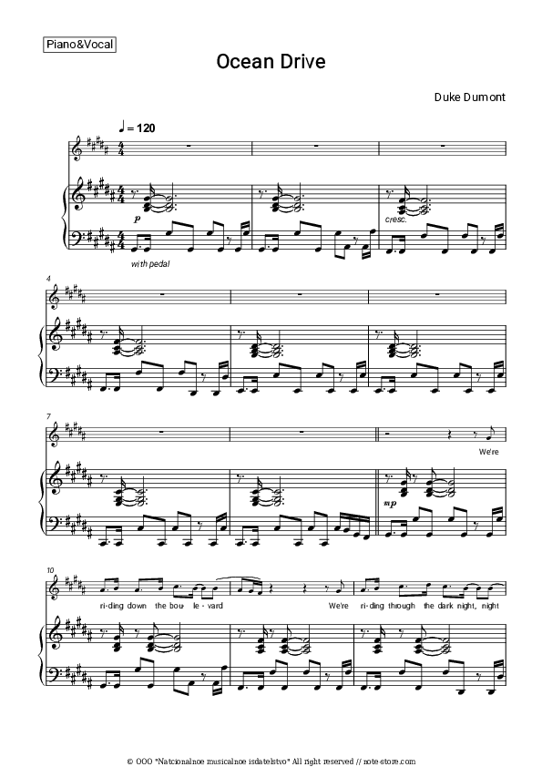 Ocean Drive - Duke Dumont Piano Sheet Music with the Voice part - Piano&Vocal