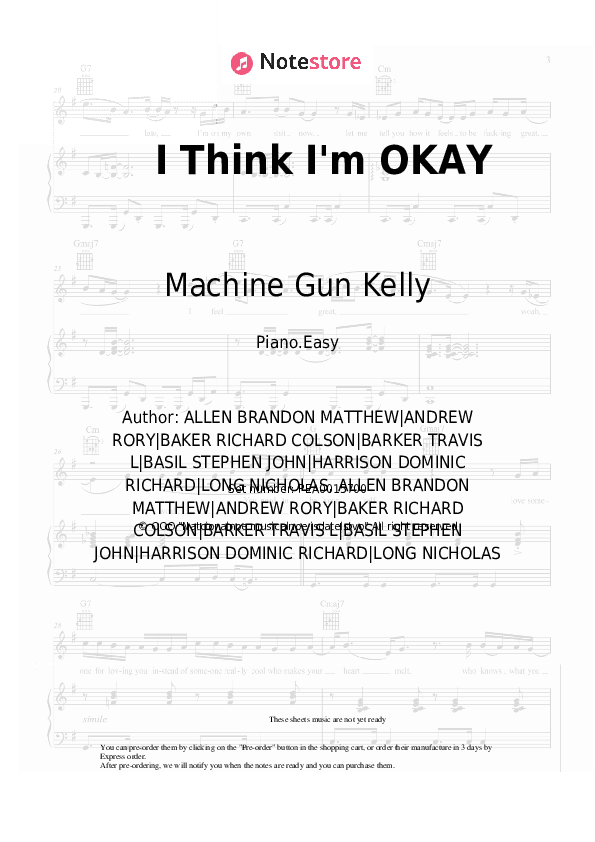 I Think I'm OKAY - Machine Gun Kelly, Yungblud, Travis Barker Piano Sheet Music Easy - Piano.Easy