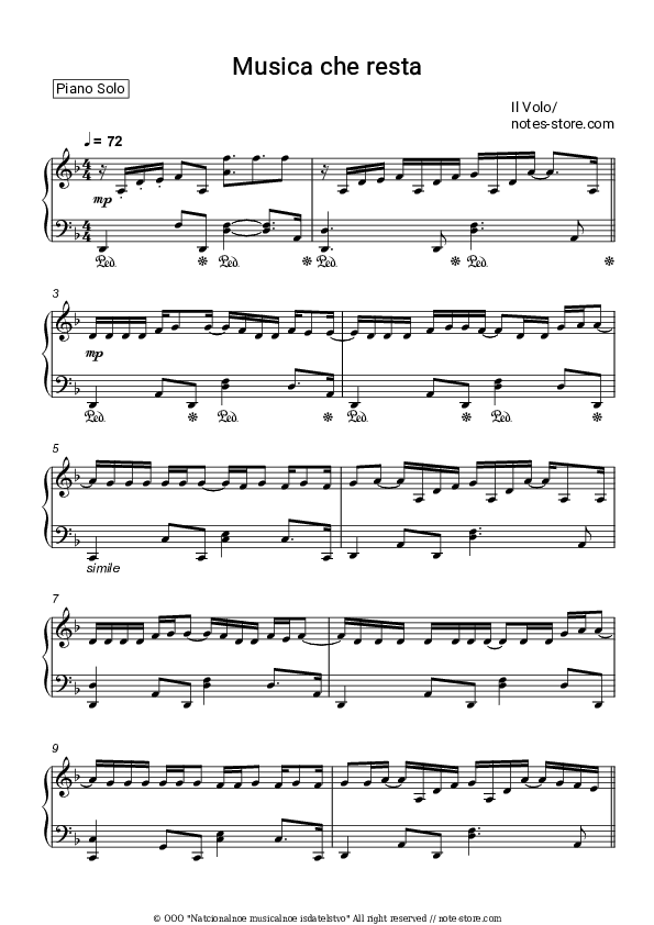 Musica che resta - Il Volo Piano Sheet Music - Piano.Solo