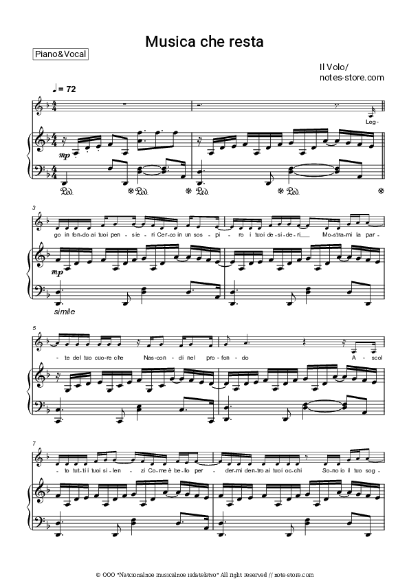 Musica che resta - Il Volo Piano Sheet Music with the Voice part - Piano&Vocal