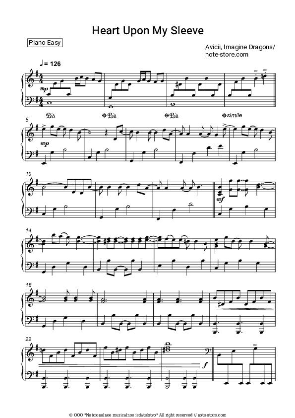 Heart Upon My Sleeve - Avicii, Imagine Dragons Piano Sheet Music Easy - Piano.Easy
