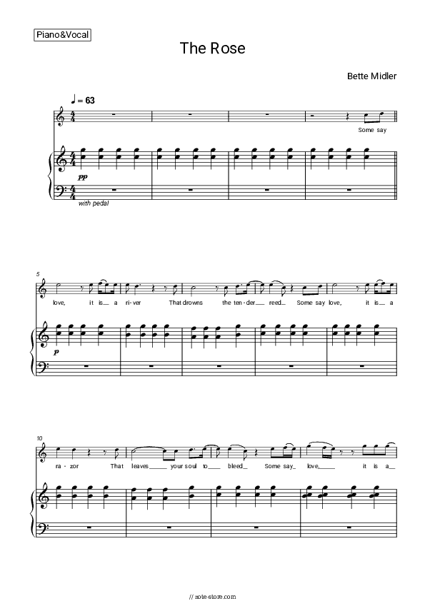 The Rose - Bette Midler Piano Sheet Music with the Voice part - Piano&Vocal