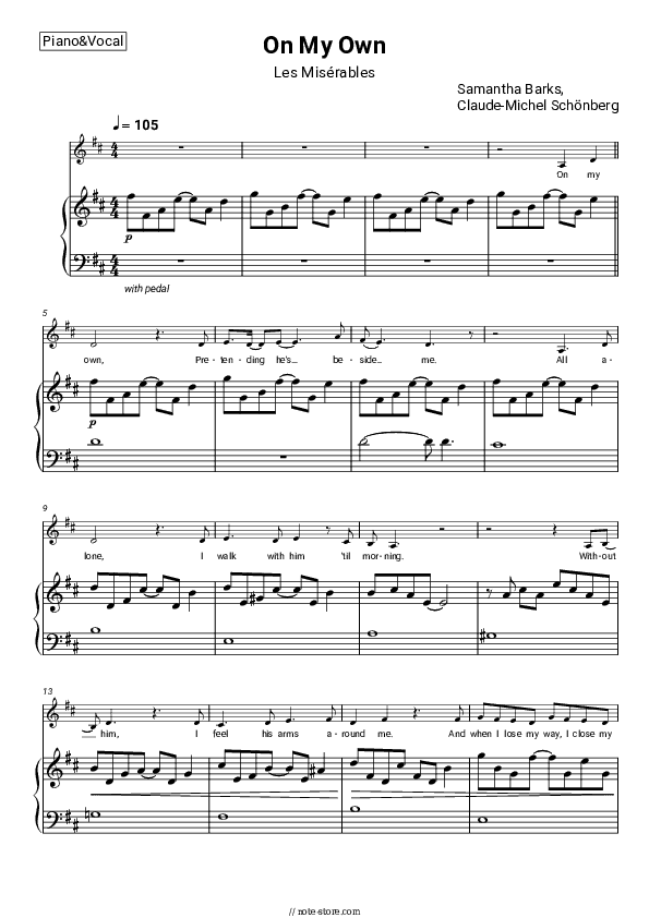 On My Own (Les Misérables) - Samantha Barks, Claude-Michel Schonberg Piano Sheet Music with the Voice part - Piano&Vocal