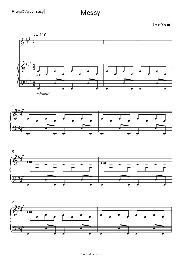 Messy - Lola Young Piano Sheet Music Easy and Vocal - Piano&Vocal.Easy