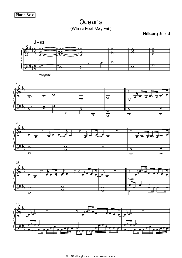 Oceans (Where Feet May Fail) - Hillsong United Piano Sheet Music - Piano.Solo