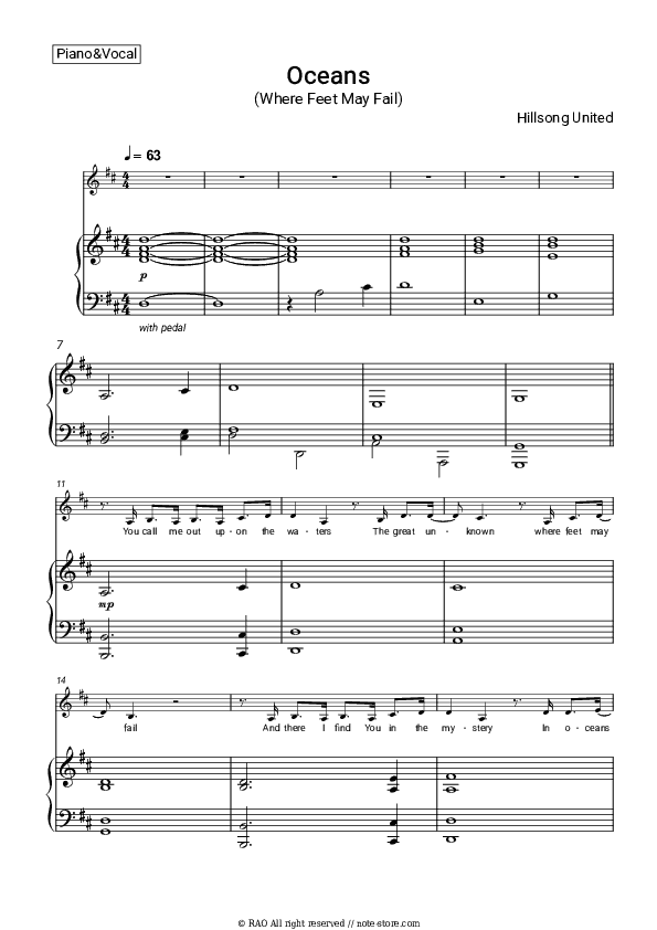 Oceans (Where Feet May Fail) - Hillsong United Piano Sheet Music with the Voice part - Piano&Vocal